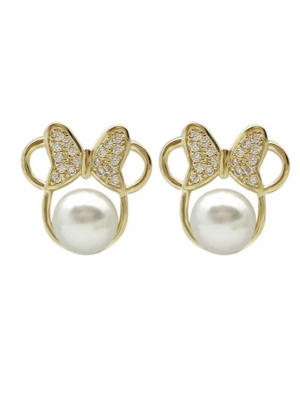 14k Gold ,  Pearl & Crystal Minni Mouse Earrings - Disney - Ships From USA